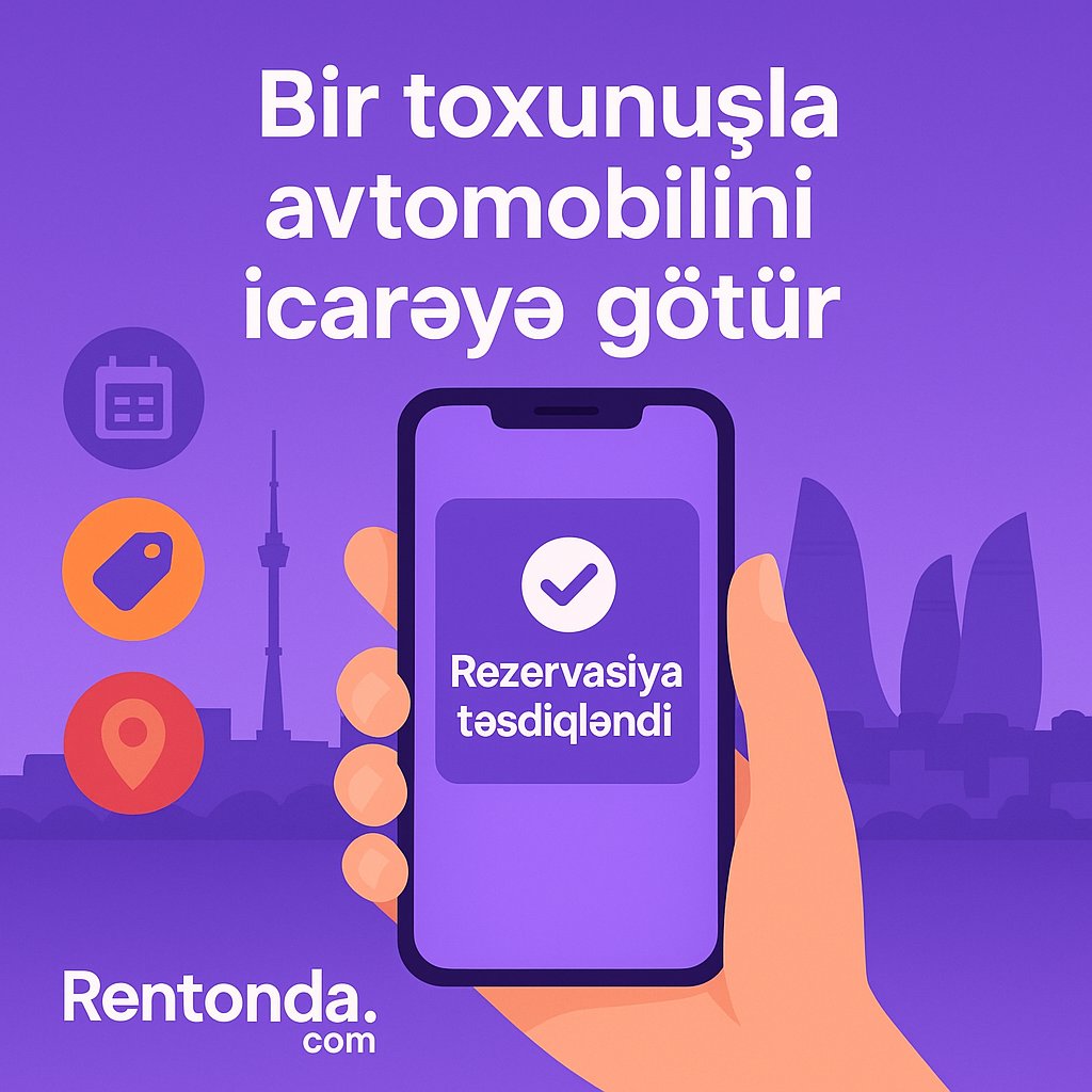 Purple flat illustration: hand with smartphone, 'Rezervasiya təsdiqləndi', Baku skyline, vertical icons